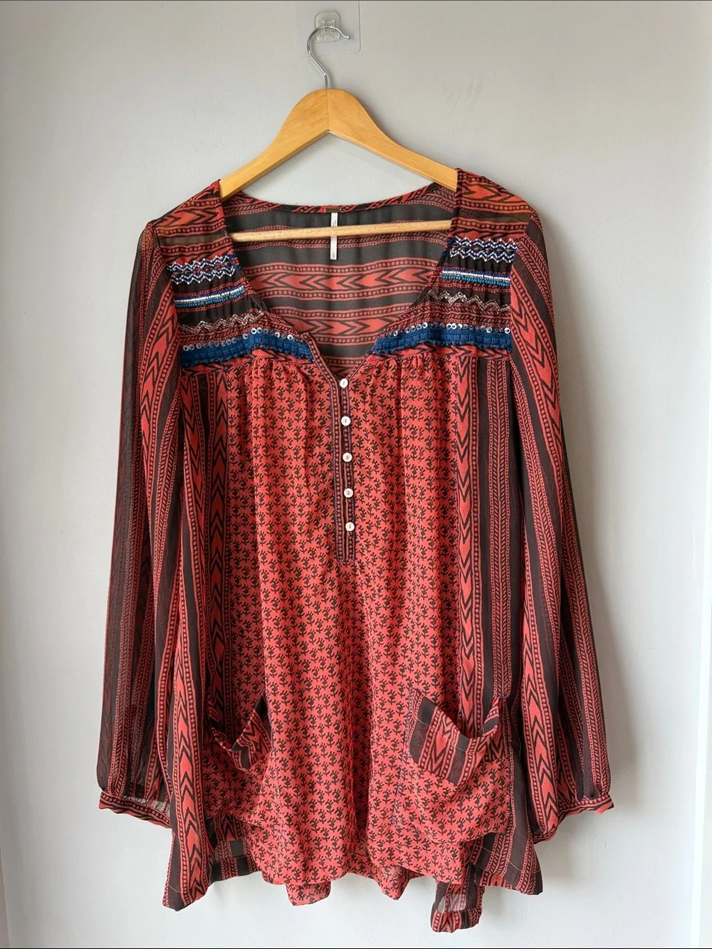 Free People Sheer Boho Beaded Oversized Blouse Tunic
